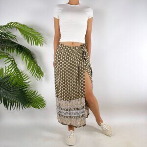 Vintage 90s Express Brown Floral Boho Beachy Cottage Wrap Maxi Skirt / Small